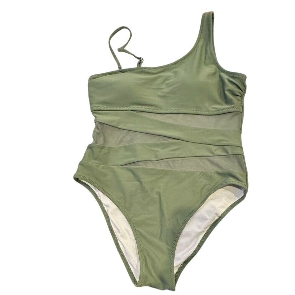 Women's Olive Green One-Shoulder Swimsuit M Mesh Panel‎ Beachwear - Picture 2 of 5